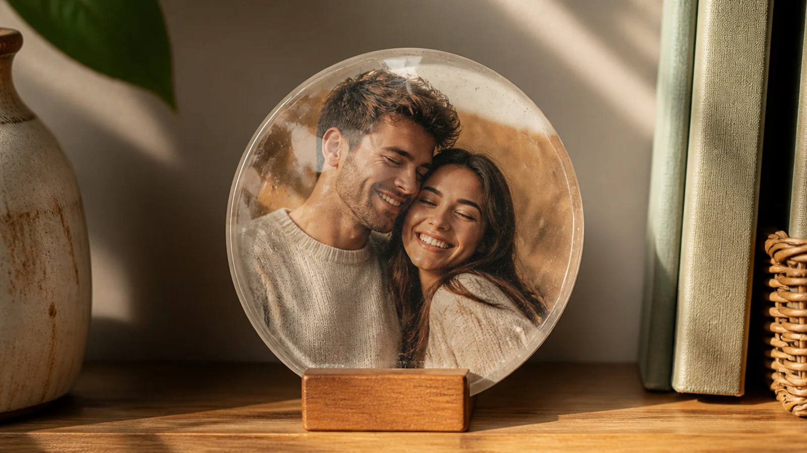 A round resin disc with a photo sealed inside, propped upright on a small wooden stand as a mini frame.