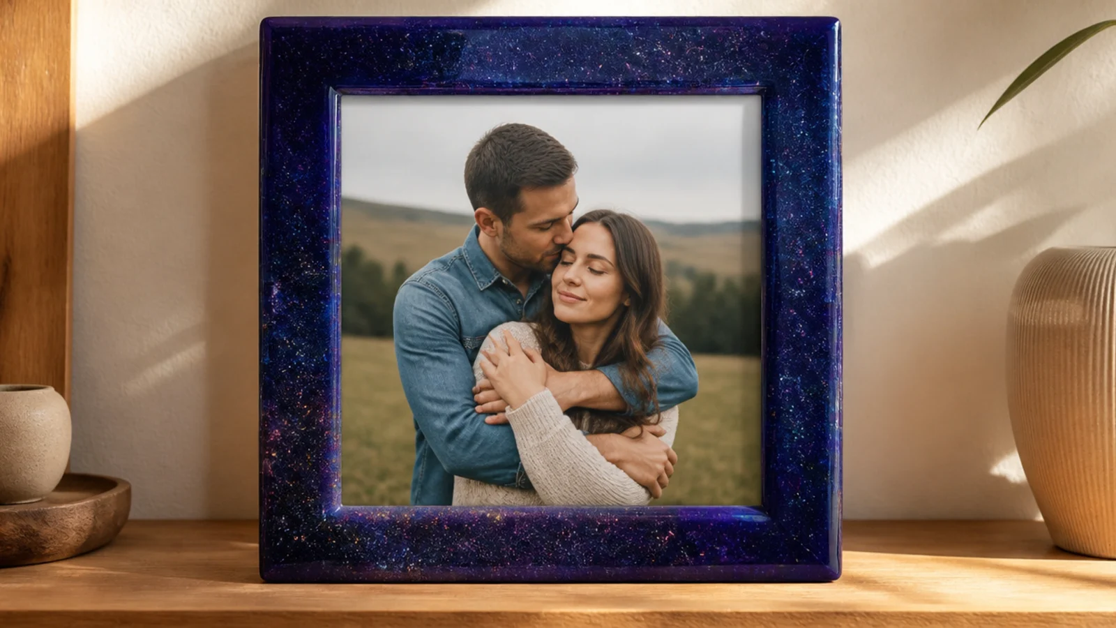 A resin frame border in deep navy and purple with fine glitter suspended like stars around a photo.