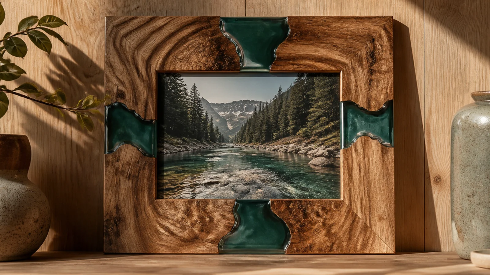A wood frame with a river of clear teal resin running through the middle of each side, live-edge style.
