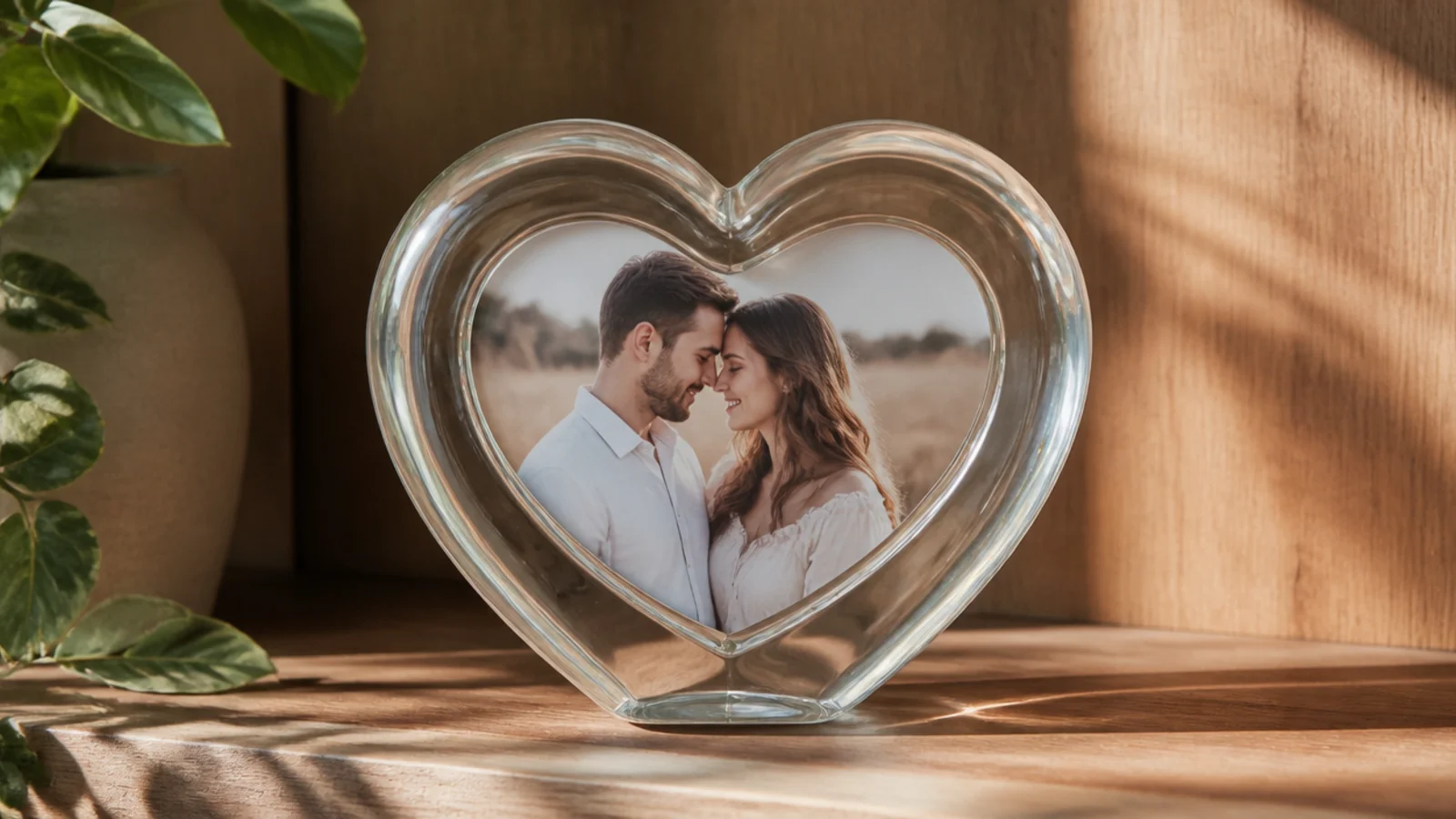 A resin frame cast in a heart shape from a silicone mold, clear and glossy, holding a small photo.