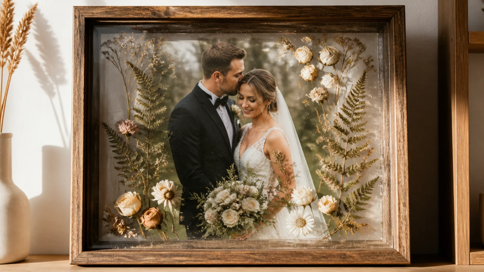 A deep resin frame with objects set at different layers giving a 3D floating effect around the photo.