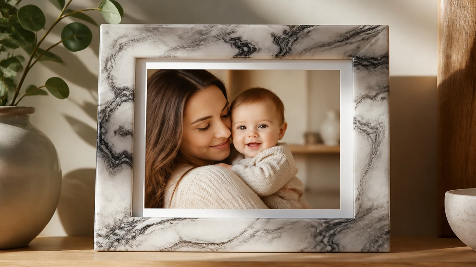 A resin frame border with white-and-gray marble veining swirled through it, elegant around a photo.