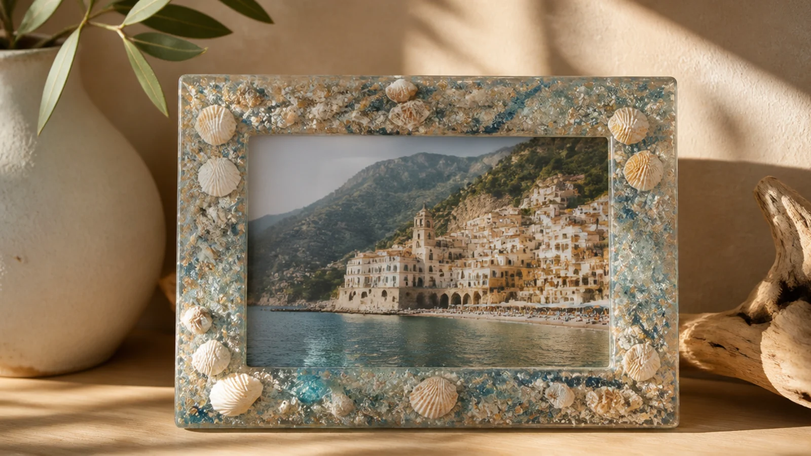A resin frame border embedded with real sand, tiny shells, and a hint of blue, framing a vacation photo.