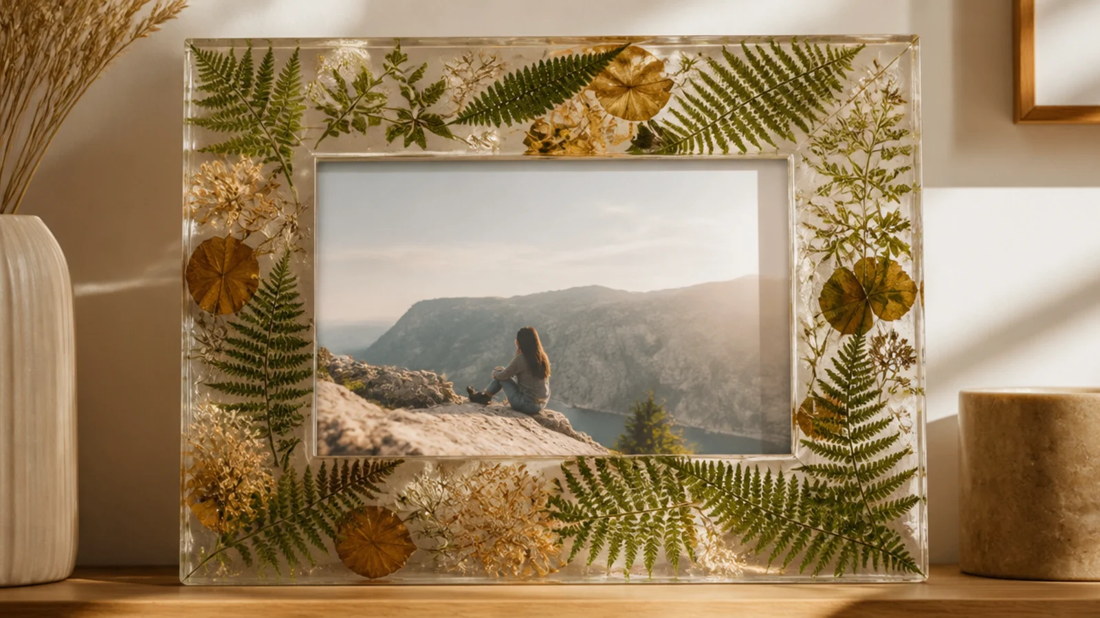 A thick clear resin frame with ferns and leaves fully embedded throughout the border, botanical and lush.
