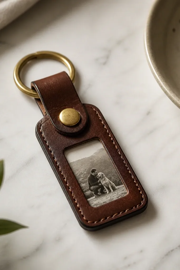 A slim brown leather key fob with a brass snap closure. On the front is a small clear window inset into the leather showing a tiny black-and-white photo. The edges are burnished and the stitching is tight and straight.