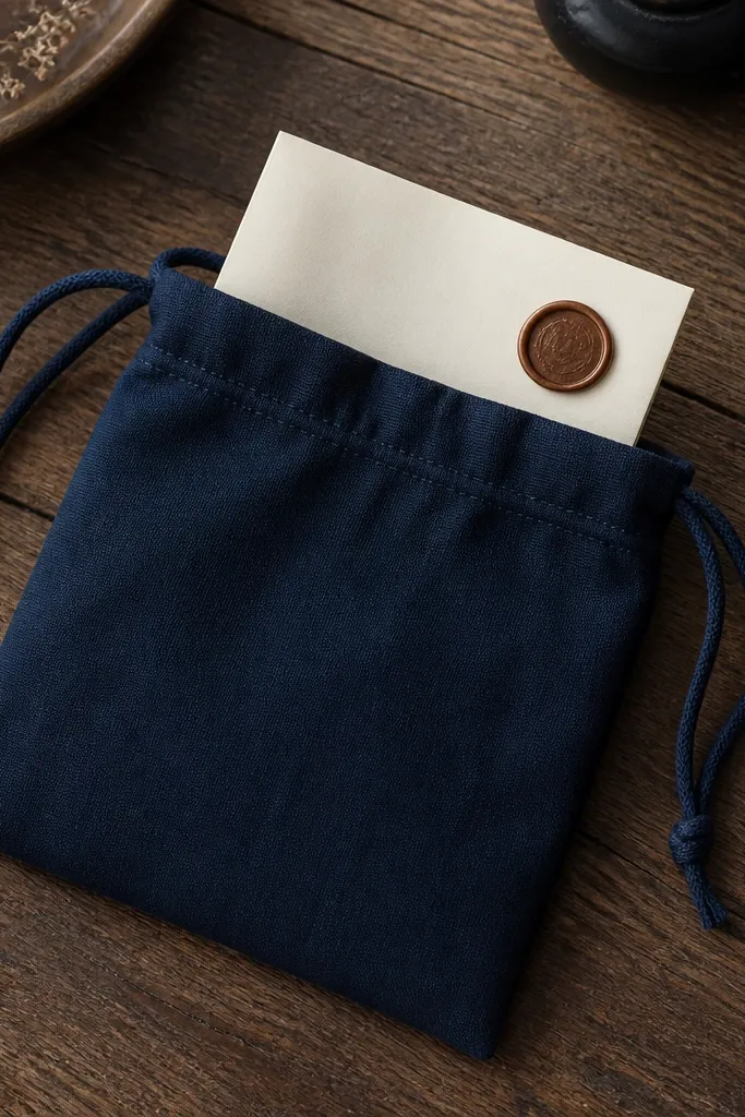 A small navy linen pouch with a drawstring cord. Inside is a folded cream paper letter with a wax-seal circle on the corner. The pouch has a neat top hem and sits on a wooden desk.
