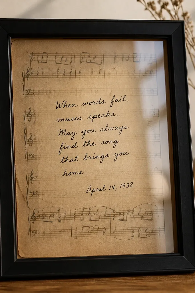 A small black frame holding an aged-looking sheet music page. On top of the page is a neat handwritten note in dark ink with a date. The paper has warm sepia tones, and the glass reflects light softly.