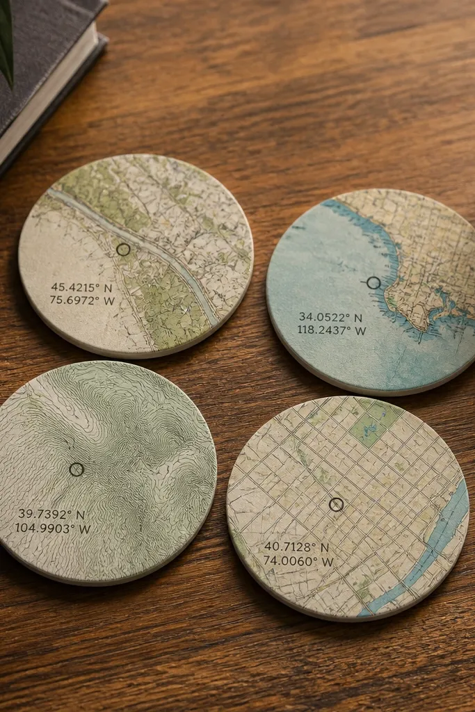 A set of four round coasters with a top-down map print. Each coaster has a small black circle marker and coordinates printed in a clean font. They sit on a coffee table with a warm wood grain background.