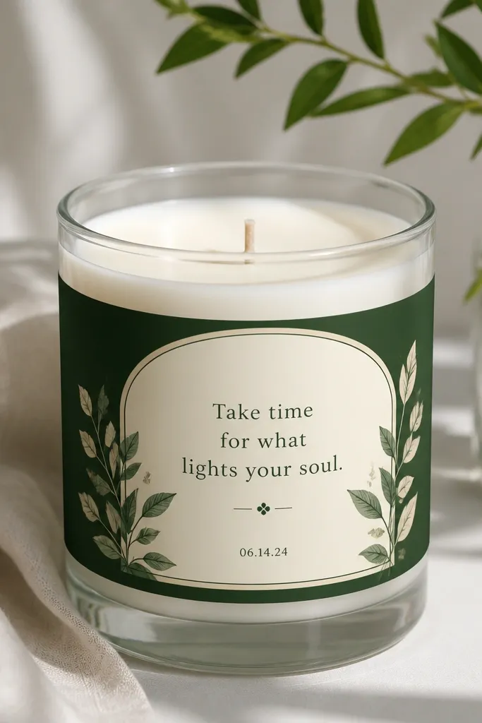 A clear glass candle jar with a white soy wax surface. Around the jar is a custom label in matching colors - deep green and cream - with a short message and a date. The label edges are crisp and wrapped neatly.