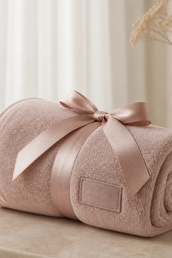 A soft towel wrap made from thick microfiber and a matching satin tie. It's rolled and tied like a small bundle, with a stitched label tag that reads a short phrase. The fabric looks plush and neatly finished.