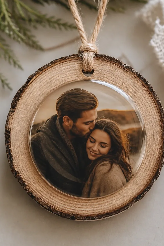 A round wood slice ornament with a small photo under a clear resin dome. There's a drilled hole at the top with twine looped through. The wood grain is visible and the photo shows a couple in warm tones.