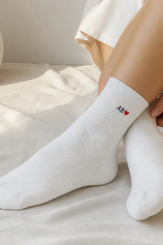 A pair of white crew socks with a small embroidered-looking monogram on the ankle and a tiny red heart next to it. The paint texture is smooth and the edges look clean.