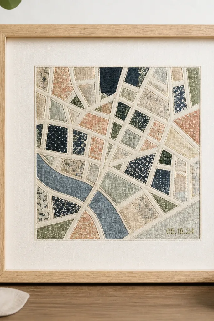 A small framed piece of fabric art showing a simplified city map cut from patterned cotton. The streets are outlined with heat-bond seams, and a short embroidered date sits in the corner. The frame is light wood with a cream mat.