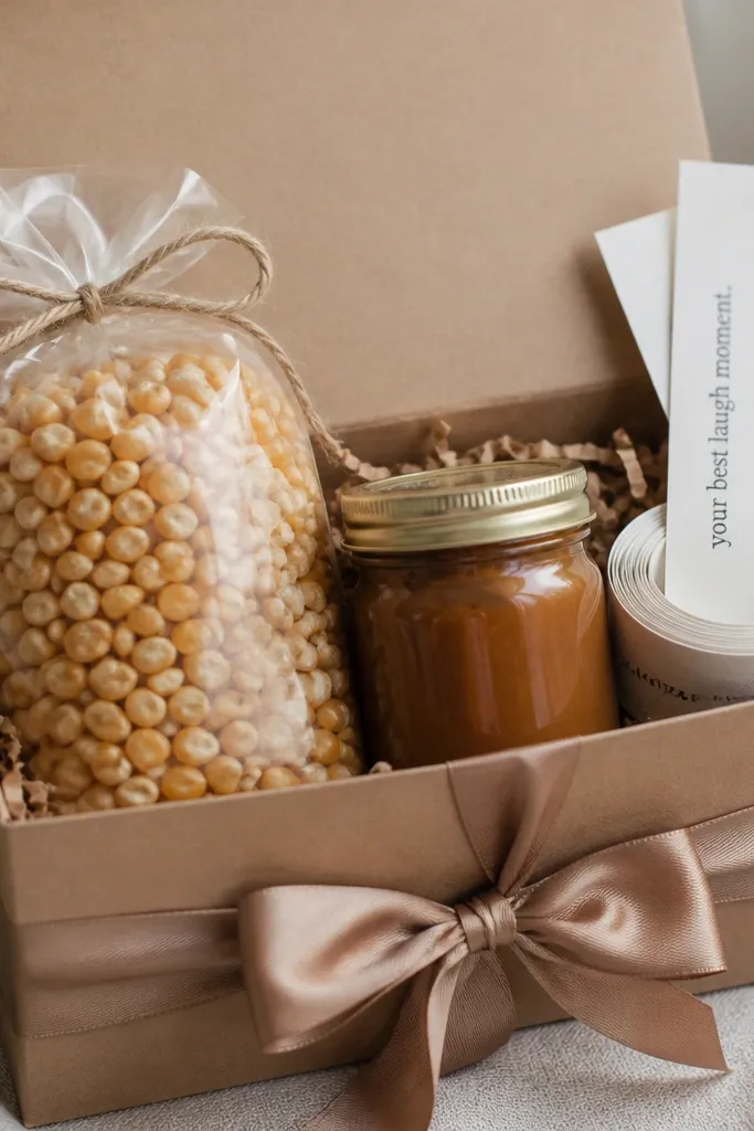 A kraft box filled with popcorn kernels in a clear bag, a small jar of caramel sauce, and a roll of printed slips. The slips have short prompts like "your best laugh moment." A ribbon ties the box shut.
