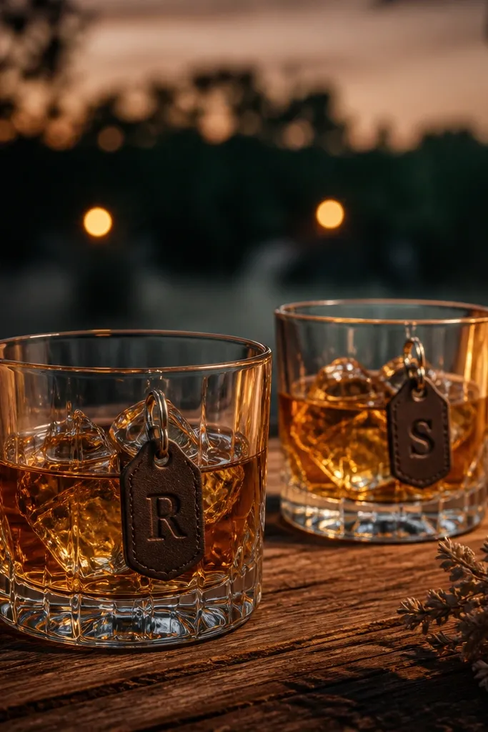 Four small leather tags attached to a metal ring, each with a tiny engraved initial. They sit beside a tumbler glass on a bar cart. The leather is dark brown and the engraving is clean.