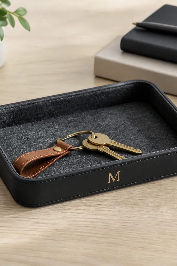 A small rectangular valet tray on a desk. The base is charcoal felt with a vegan leather outer frame. A brass-ink monogram sits centered on the front. The tray has a lip to catch keys and a neat stitching line.