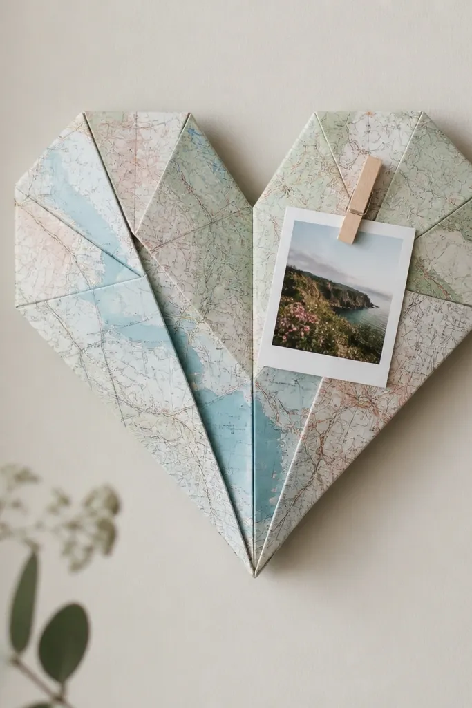 A heart-shaped wall hanging made from folded map paper. The folds create a crisp geometric heart, and a small photo pin is attached near the top with a mini clothespin. It's displayed on a neutral wall.