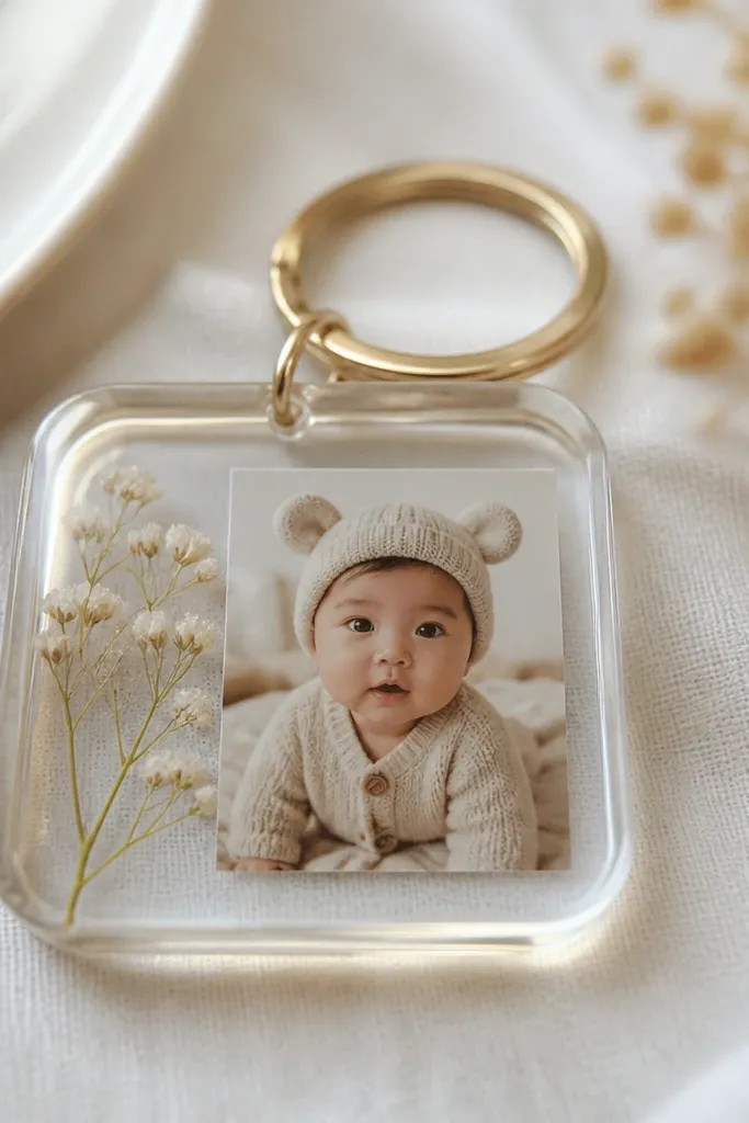 A clear resin keychain shaped like a rounded square. Inside is a small photo and a dried baby's breath flower pressed flat. The resin is glossy and the photo looks crisp, centered.