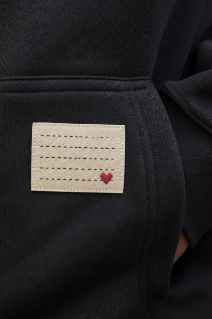 A small rectangular iron-on patch on a dark hoodie pocket. It has cream cotton with a stitched-looking message and a tiny stitched heart corner. The patch edges are clean and flat.