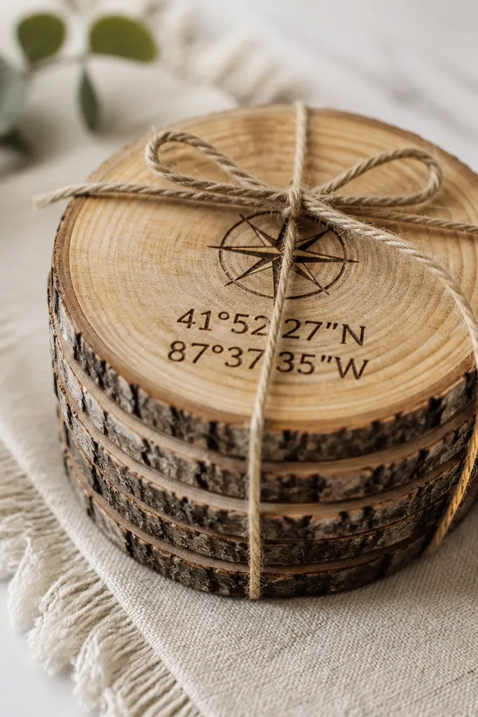 A set of small round wood slice coasters with engraved coordinates. The engraving is dark and crisp, and the surface has a clear protective finish. They're stacked neatly with a small twine bow around the stack.