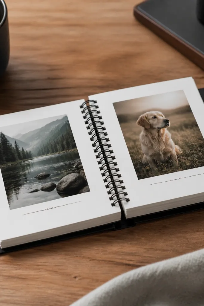 A small spiral-bound flip book with a black cover. Each page holds a single photo with one short line of handwriting. The pages are thick, and the binding sits flat when opened.