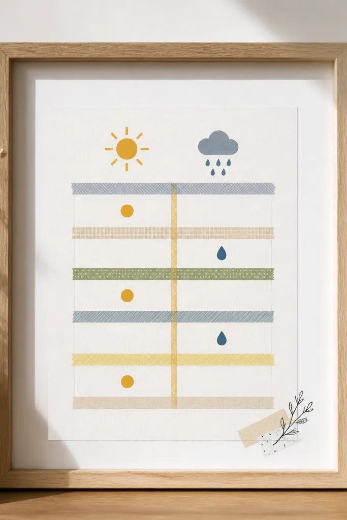 A framed paper print with layered washi tape forming a simple weather chart. There are small icons for sun and rain, plus a tiny handwritten message in the corner. The tape lines are straight and neatly placed.