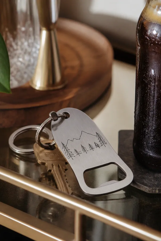 A metal bottle opener keychain with a brushed finish. The front has a simple line engraving, and the back has a short message in small letters. It's photographed on a bar cart next to a beer bottle.