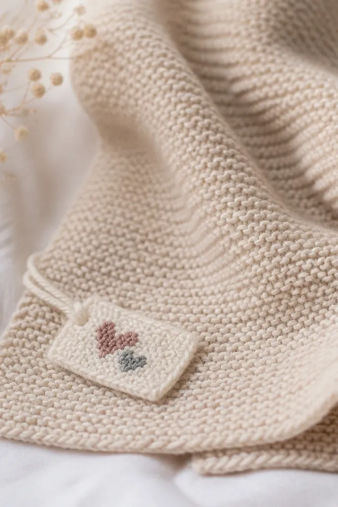 A soft knit blanket with a small yarn tag attached near one corner. The tag has a hand-knotted message in two colors, and the knot lines look tidy and even. The blanket is neutral and textured.