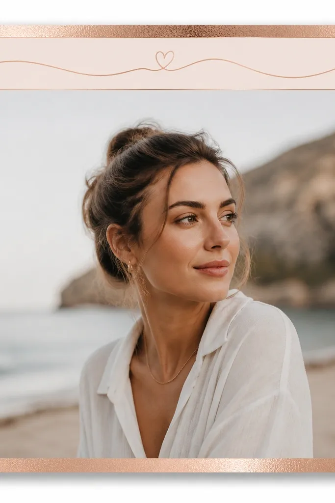 A warm rose-gold outer border with a subtle foil texture. Inside the border, a narrow strip at the top holds cursive text, and the rest is a clean photo area with a soft shadow behind the border.
