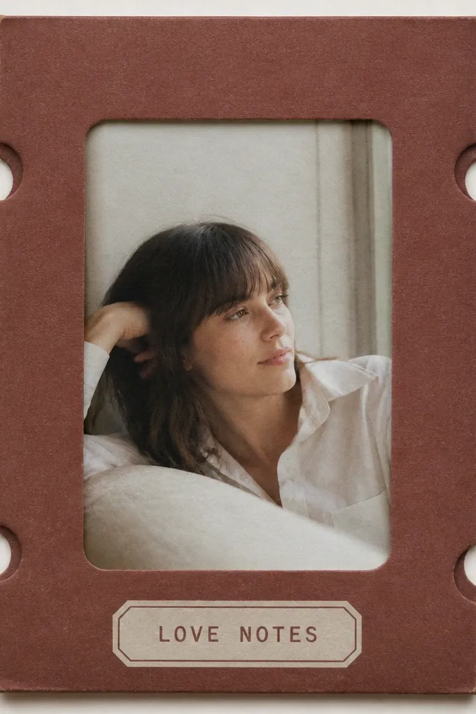 A muted red-brown frame that looks like a matchbook. The sides have ticket-stub notches, and a small label at the bottom says "Love Notes" in block lettering. The center is a photo window with slight paper texture.