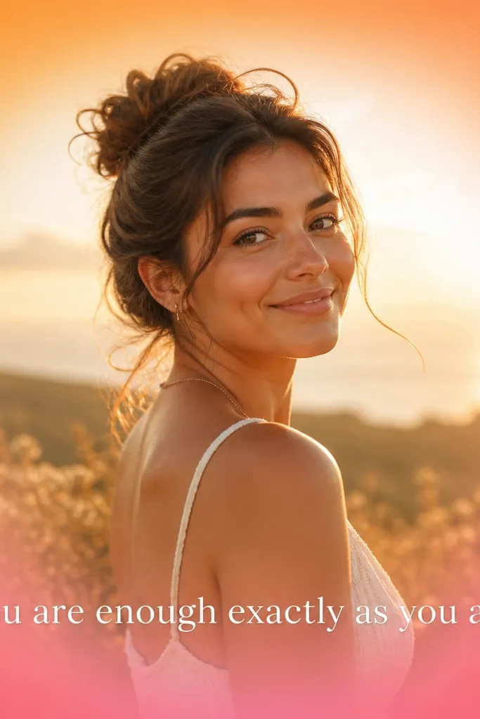 A sunset gradient vignette (orange to pink) around the edges. Two small hearts sit near the top corners, and a single white caption line runs across the lower third. The center photo is bright with a slight glow.