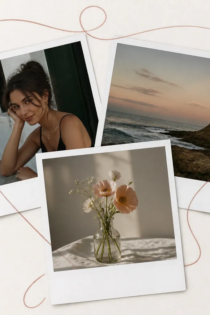 Three overlapping polaroid-style photo frames, slightly rotated, with a white border. Around the outside, a thin heart scribble line circles the layout. The bottom polaroid has a handwritten-style caption strip.