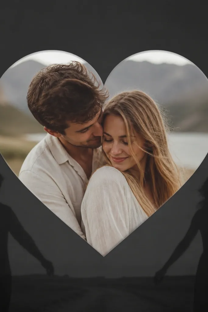 A dark charcoal frame with a heart-shaped cutout in the center. Inside the cutout is a photo, while the outside shows a faint silhouette of two people holding hands. There's a small blush caption line below.