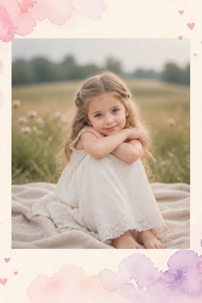 A watercolor wash border in pastel pink and lilac around the photo. The edges look like paint blooms. Small heart sprinkles float near the top right and bottom left. The photo sits on a creamy matte.