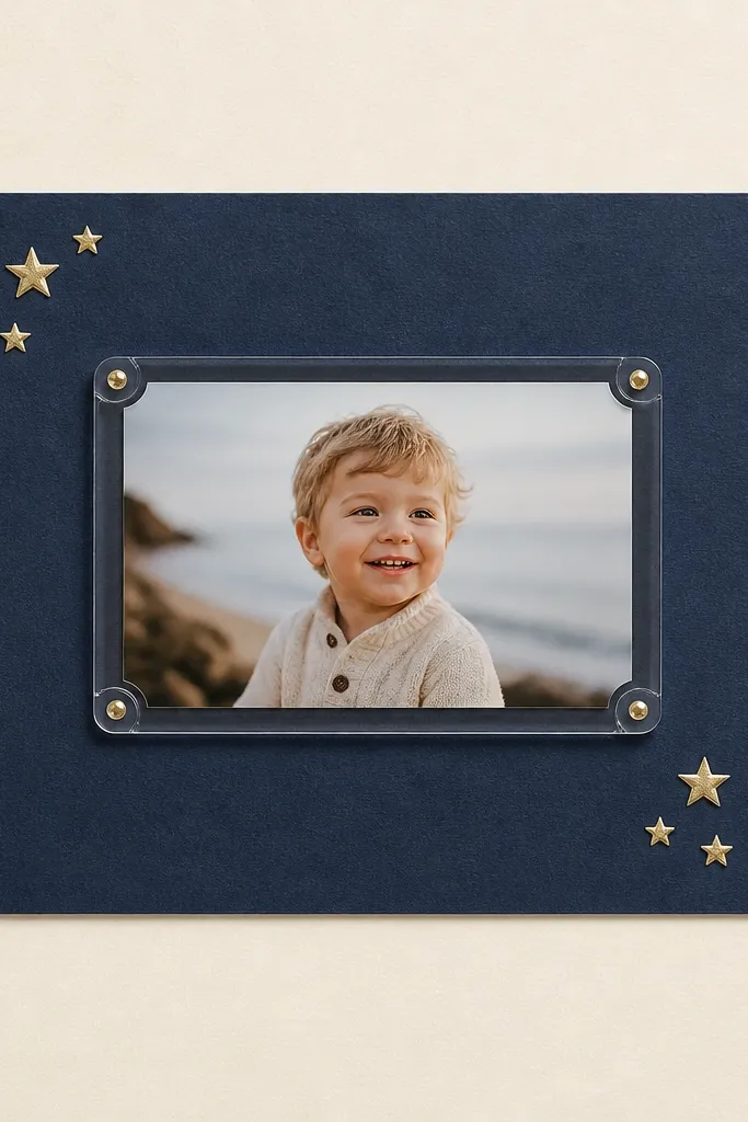 A scrapbook page with a cream cardstock background. In the center is a navy rectangular photo mat. A smaller photo sits inside a clear acrylic window shape (like a photo frame), with tiny gold star stickers around the corners. A single strip of navy ribbon runs horizontally under the photo.