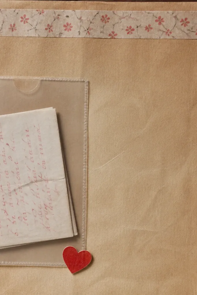 A page background made from thin, light-brown receipt-style paper. On the left is a clear pocket sleeve holding a tiny folded letter with red ink handwriting. A strip of washi tape forms a border at the top, and a small red heart sticker sits near the pocket corner.