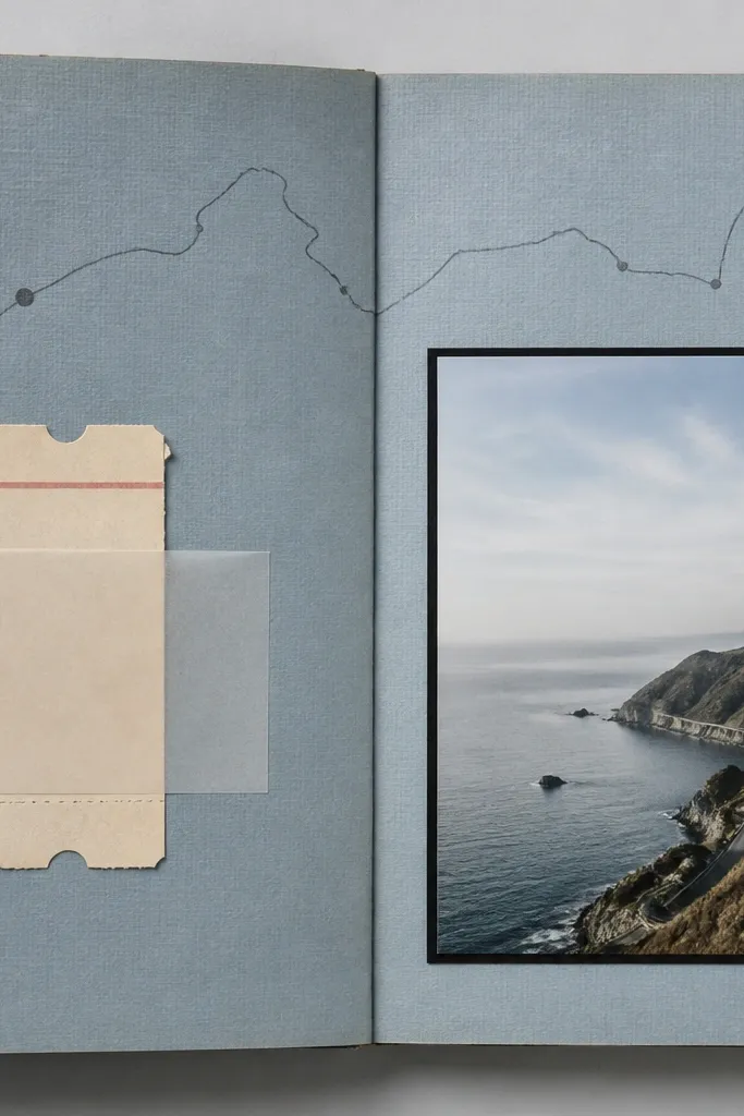 A scrapbook spread with a blue-gray background. At the top is a printed map line (a simple route) in thin gray. On the left is a small ticket stub tucked under a translucent vellum strip. A photo sits on the right with a thin black frame.