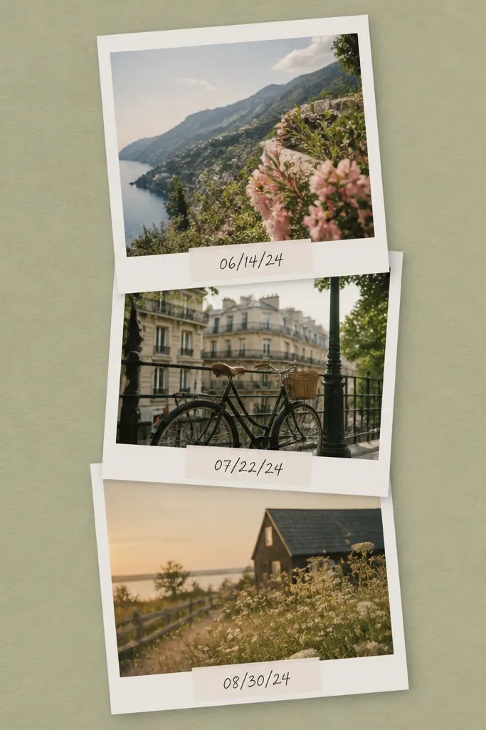 A page showing three stacked polaroid-style photos slightly overlapping. Each photo has a white border and a small label tag at the bottom with handwritten dates. The background is a muted sage paper, and tiny black doodle hearts sit in the corners.