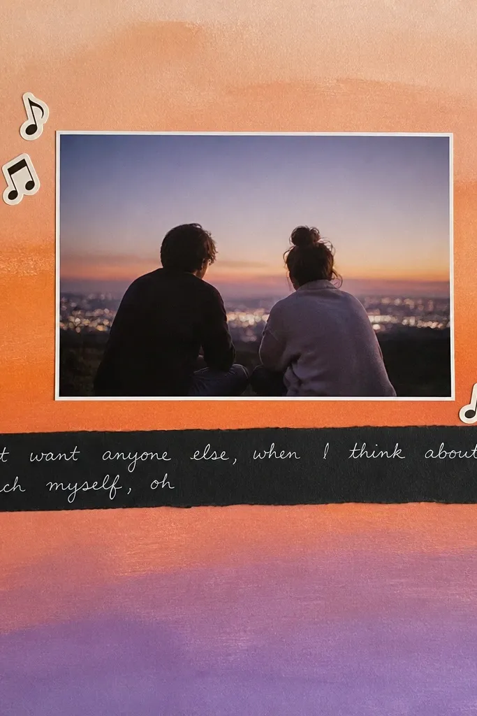 A page with a hand-painted gradient background from peach to orange to soft purple. Across the middle is a narrow strip of black cardstock with handwritten lyrics. A photo of two people at dusk sits above the strip, with small music-note stickers.