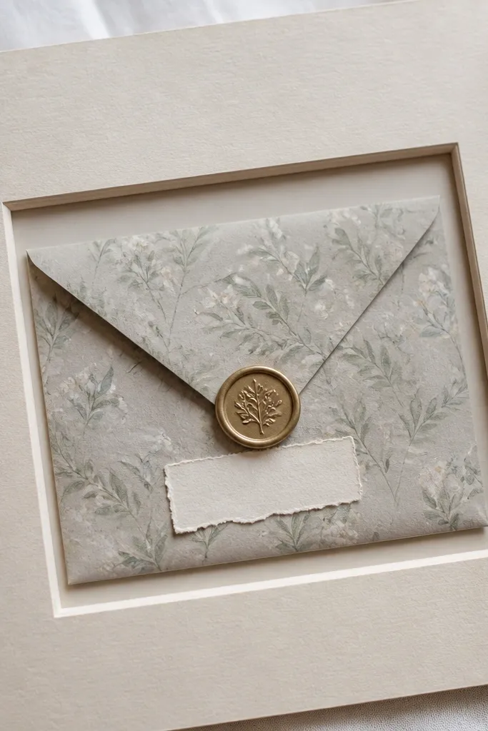 A page with a large photo frame cutout. Inside the frame is an envelope made from patterned paper. The envelope flap points upward and has a small wax-seal sticker. A short handwritten label sits on the envelope front.