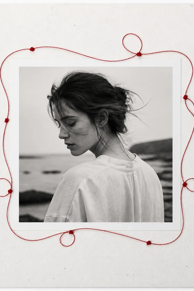 A page with black-and-white photos. One main photo is centered inside a white mat. Red embroidery thread is stitched in a simple looping line around the photo edges, with tiny knots. The background is white cardstock with light gray speckles.
