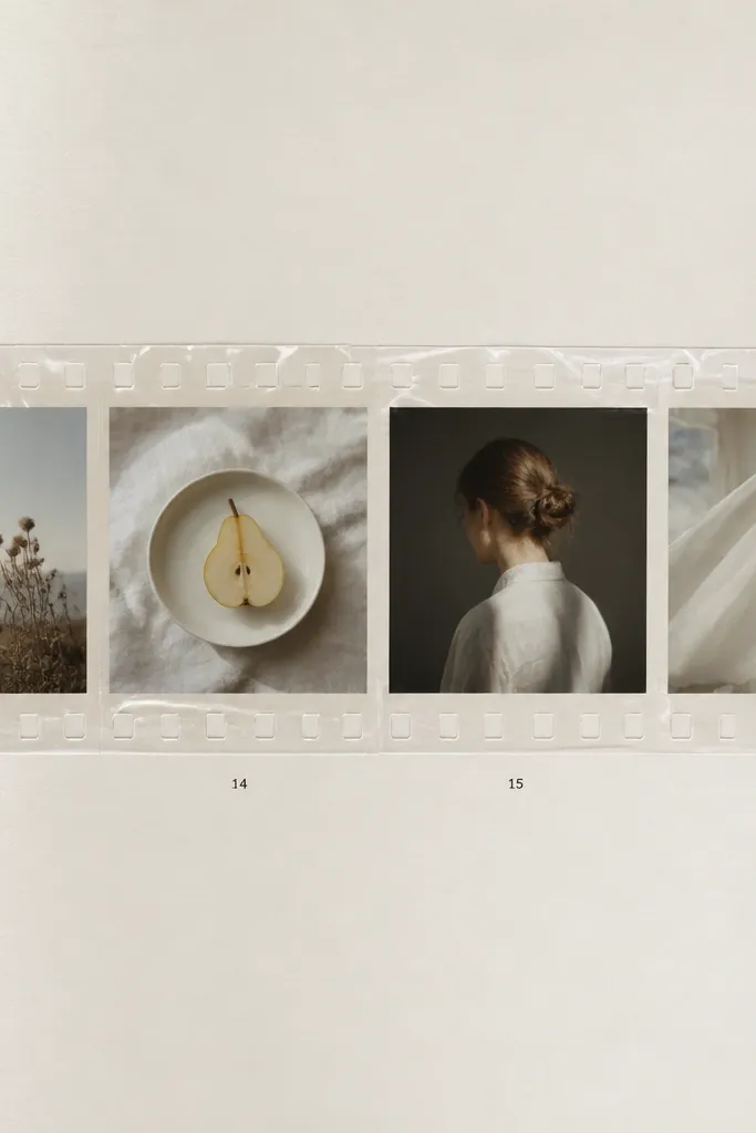 A page with a film strip layout. Small photo squares are lined up like a strip. Each photo square is sealed with clear tape strips across the top and bottom, creating a glossy look. There are tiny black numbers under each photo.