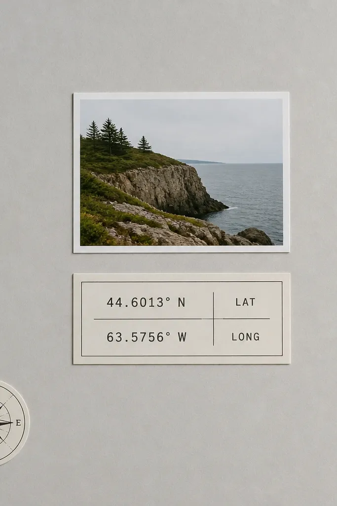 A page with a light gray background. In the bottom-left corner is a small compass rose sticker. Near the center is a printed map coordinate block with coordinates typed in a clean font. A small photo sits above the coordinate block.
