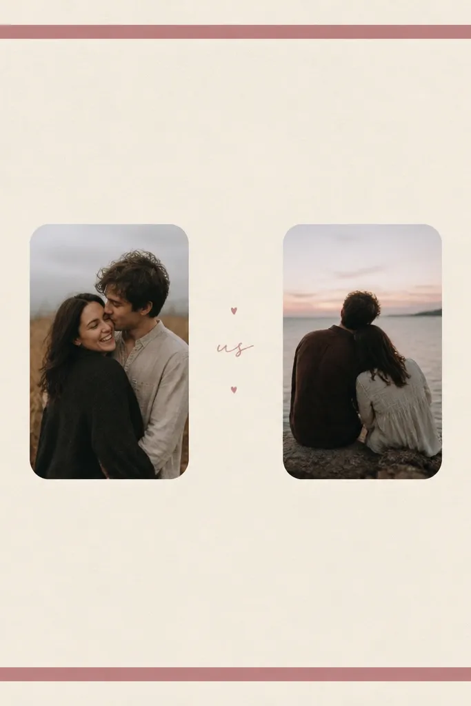 A page with cream cardstock. A dusty rose border runs along the edges like a frame. In the center are two small photos cut into rounded rectangles. Between them is a tiny handwritten word "us" and a few small heart dots.