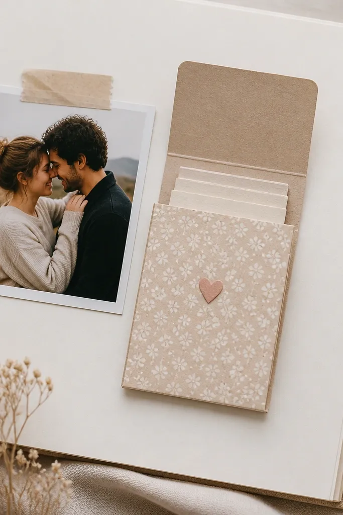 A page with a matchbook-shaped mini booklet attached on the side. The cover is patterned paper with a small heart. Inside are stacked mini strips with handwritten compliments. A small photo sits next to the booklet.
