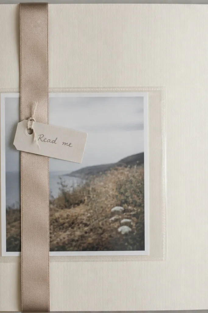 A page where a 1-inch wide satin ribbon runs vertically from the top to the bottom. The ribbon holds a small tag that says "Read me" in handwriting. A photo sits behind the ribbon area, partially covered by a clear pocket.