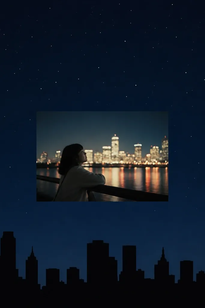 A page with a night-sky background in dark navy. A black city skyline silhouette runs along the bottom. A small night photo sits above the skyline, and tiny white star dots are scattered across the top half.