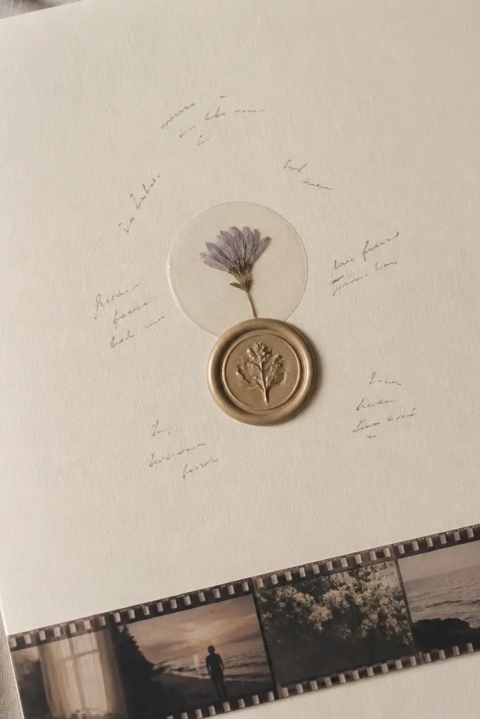 A page with cream cardstock. In the center is a small pressed flower under a clear circle sticker. A wax-seal style sticker sits over the clear circle. Around it are tiny handwritten words and a single photo strip at the bottom.