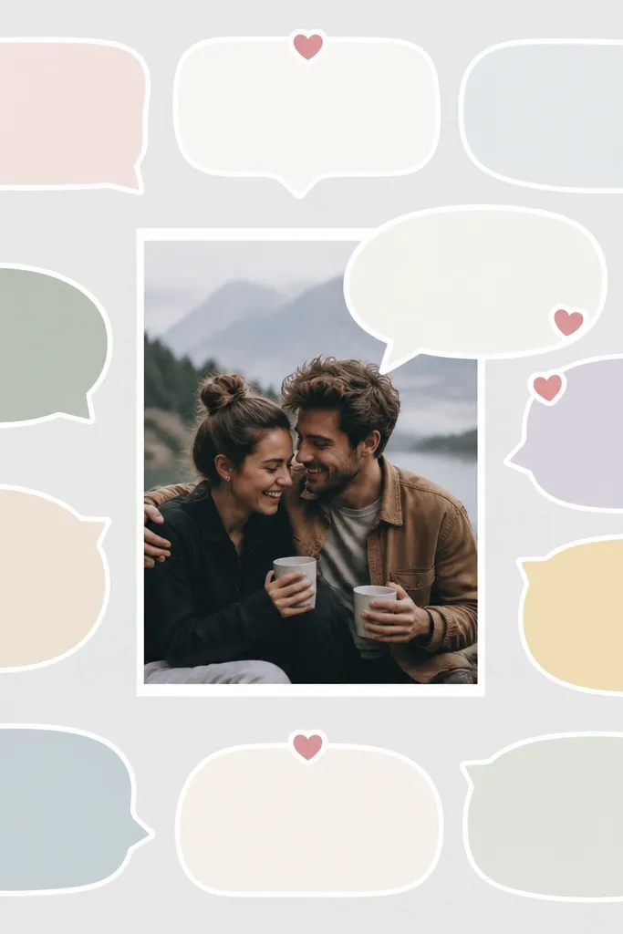 A page with a light gray background. Around the edges are 10 bubble-shaped labels with short prompts like "Best meal together?" Each label has a small heart icon. In the center is a photo with a speech bubble sticker coming out of it.