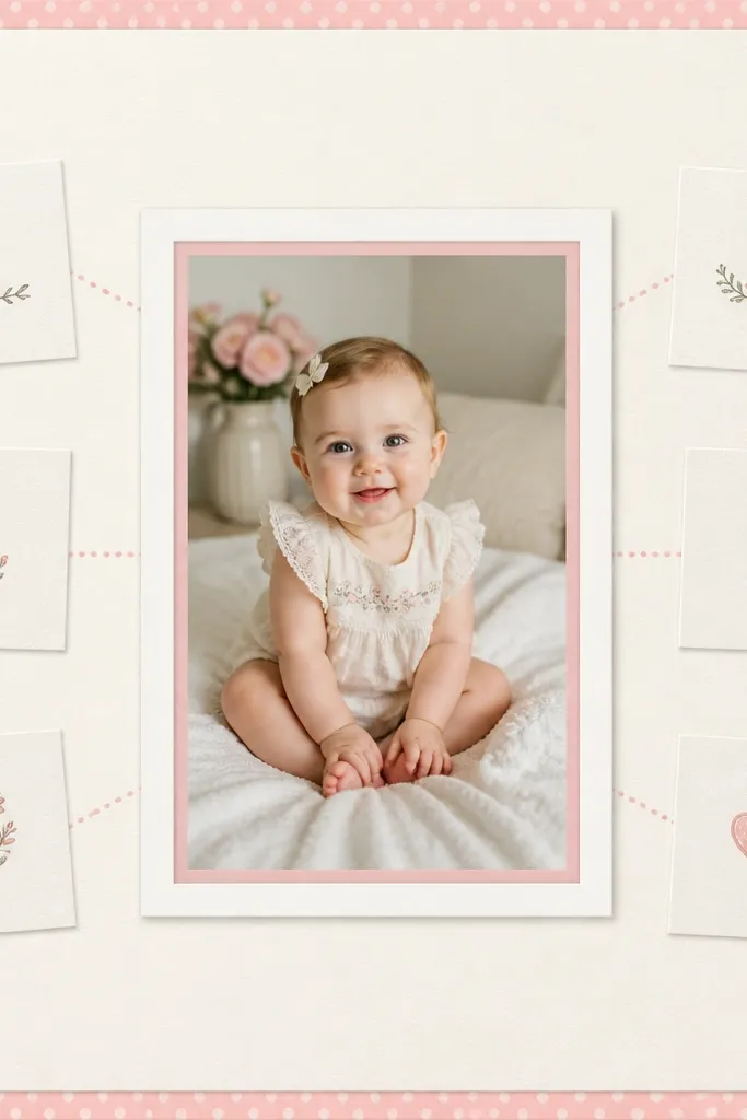 A page with cream cardstock and a soft pink polka dot border at the edges. Centered is a framed photo with a white mat and a pink inner border. Around the frame are 6 small note cards with short handwritten lines and small dots connecting them.